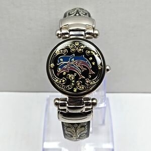 Womens Vivani Hidden Dial Watch 28mm Silver Dolphins Cuff Bangle New Battery